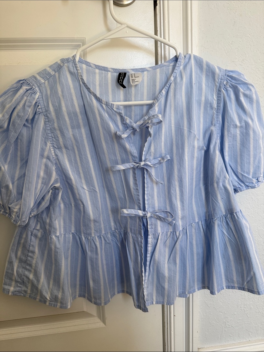 H&M Light Blue & White Striped Tie-Front Peplum Top